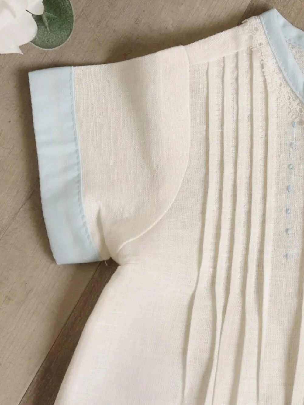Boy's Ivory Cotton Linen Heirloom Daygown Blue Accents Coming Home 1st Portraits